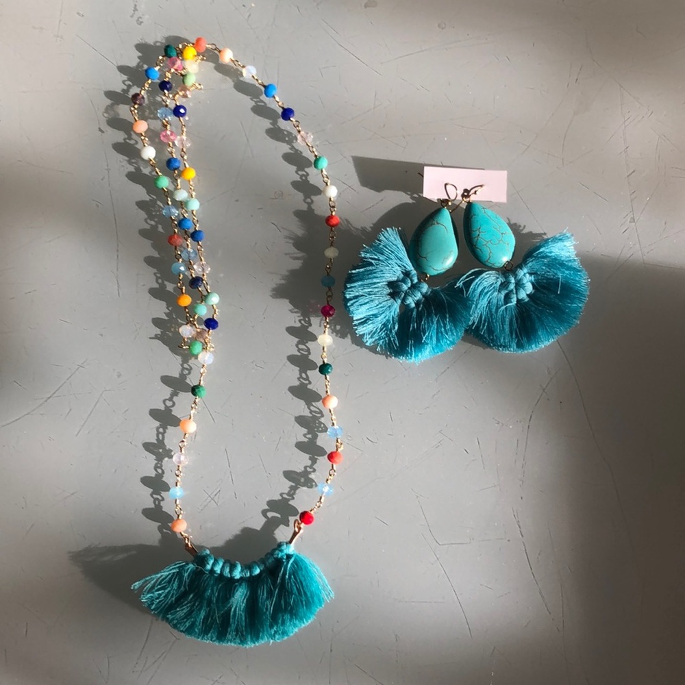 Beaded fringe necklace and turquoise earrings